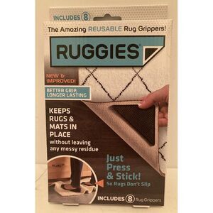 Ruggies Reusable Set of 8 Rug Mat Grippers/Pads Press Sticks  Washable Black New